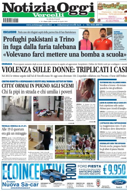 In edicola Notizia Oggi Vercelli del 18 aprile 2016