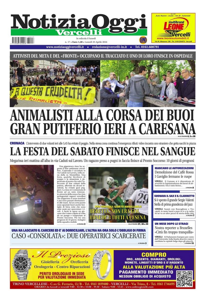 Notizia Oggi Vercelli in edicola