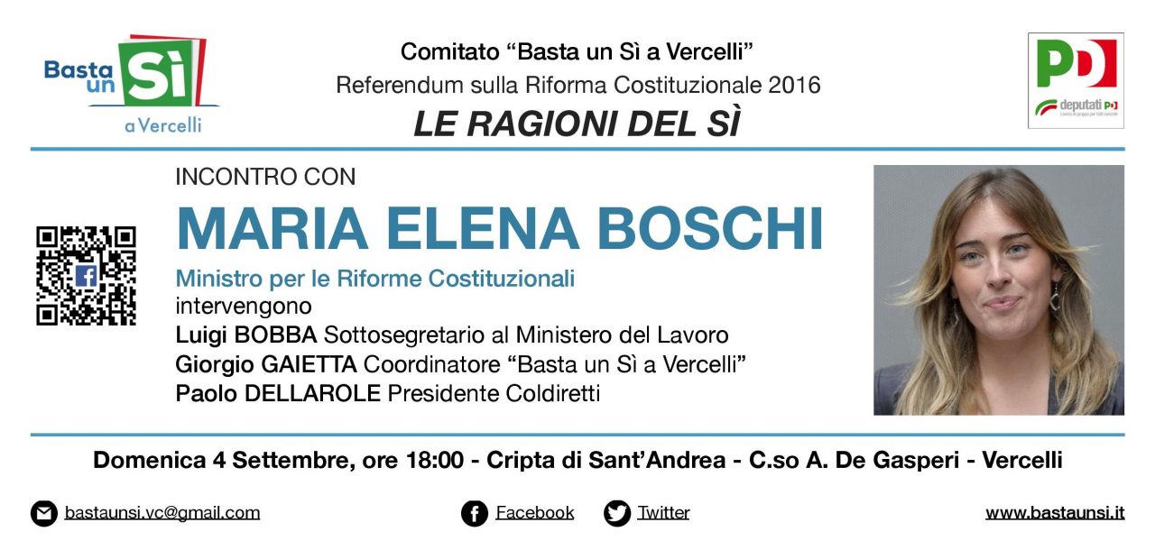 VERCELLI: il 4 settembre ospite in città il Ministro Maria Elena Boschi