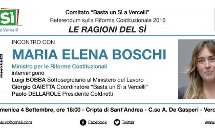 VERCELLI: il 4 settembre ospite in città il Ministro Maria Elena Boschi