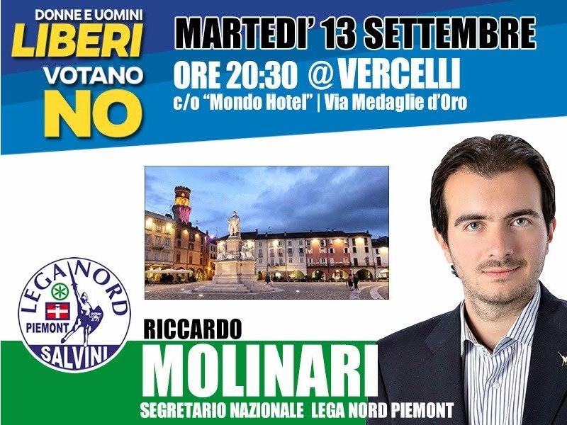 POLITICA: questa sera incontro con la Lega Nord per ribadire il No al referendum