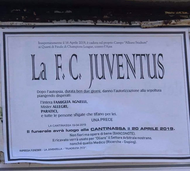 “Sfottò” di cattivo gusto: manifesto funebre per la Juventus