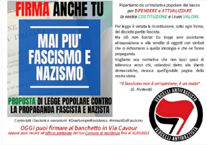 Vercelli Antifascista: raccolta firme per la legge Stazzema