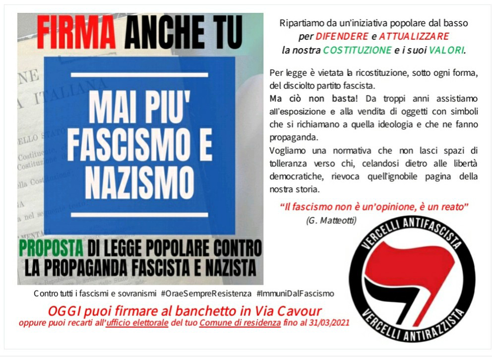 Legge Stazzema: nuova raccolta firme sabato 13 marzo in via Cavour
