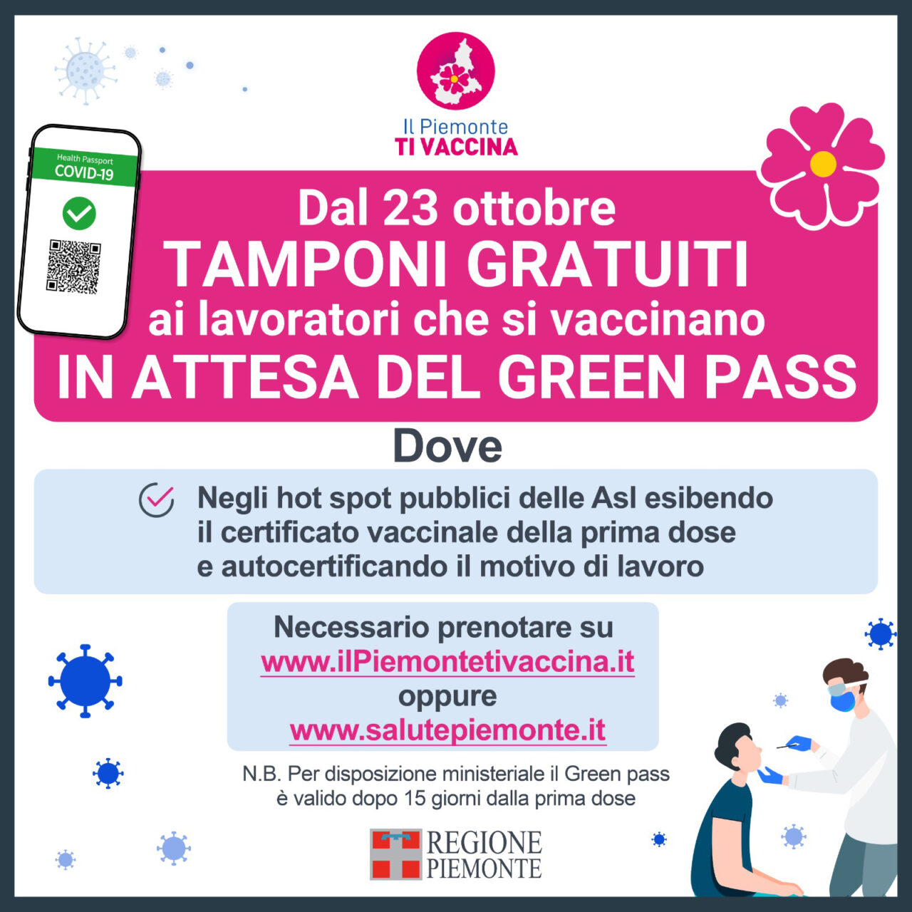 Dal 23 ottobre tampone gratuito per i lavoratori in attesa del Green Pass, dopo la prima dose di vaccino