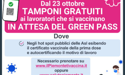 Dal 23 ottobre tampone gratuito per i lavoratori in attesa del Green Pass, dopo la prima dose di vaccino