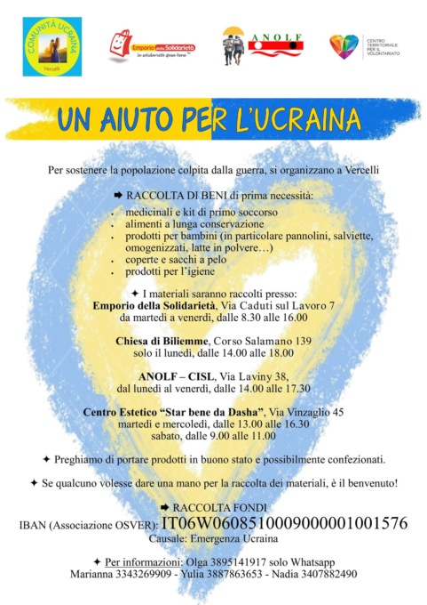 “Un aiuto per l’Ucraina”, iniziativa solidale della Comunità Ucraina presente sul territorio vercellese