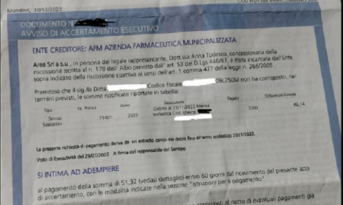 La Farmaceutica chiede la quota per la mensa scolastica 12 anni dopo…