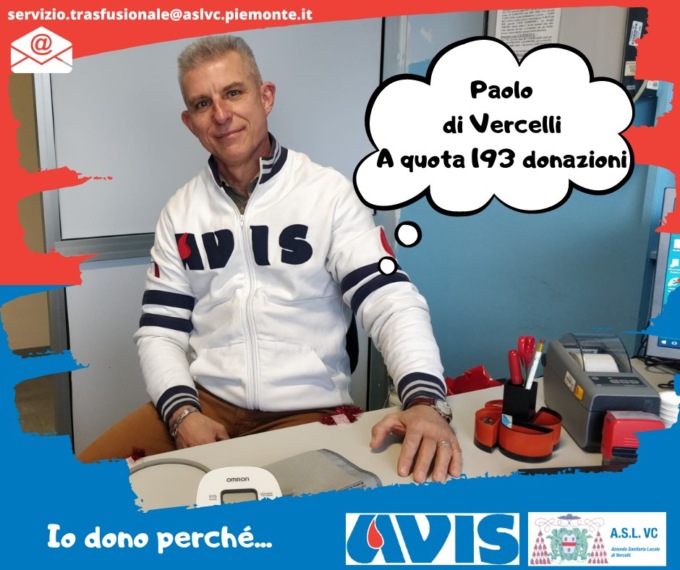 Paolo dell’Avis Vercelli è campione di donazione di sangue