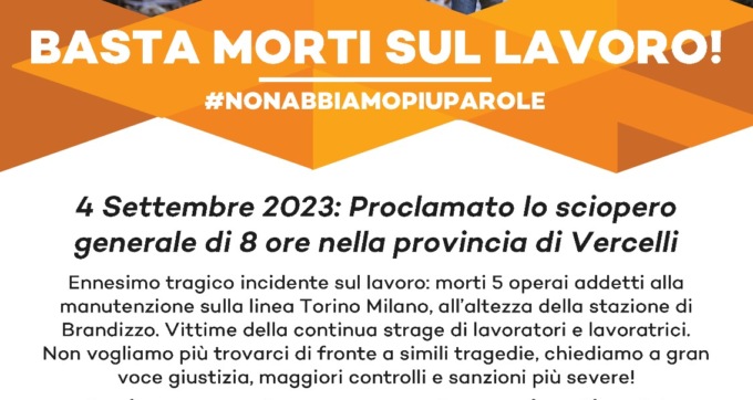 Lavoratori morti sulla ferrovia: lunedì 4 si ferma tutta la provincia  di Vercelli