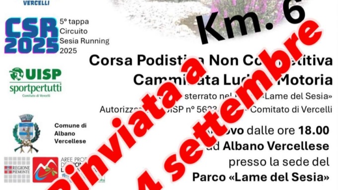 Condizioni climatiche avverse: la tradizionale Corriparco di Albano Vercellese rinviata al 4 settembre