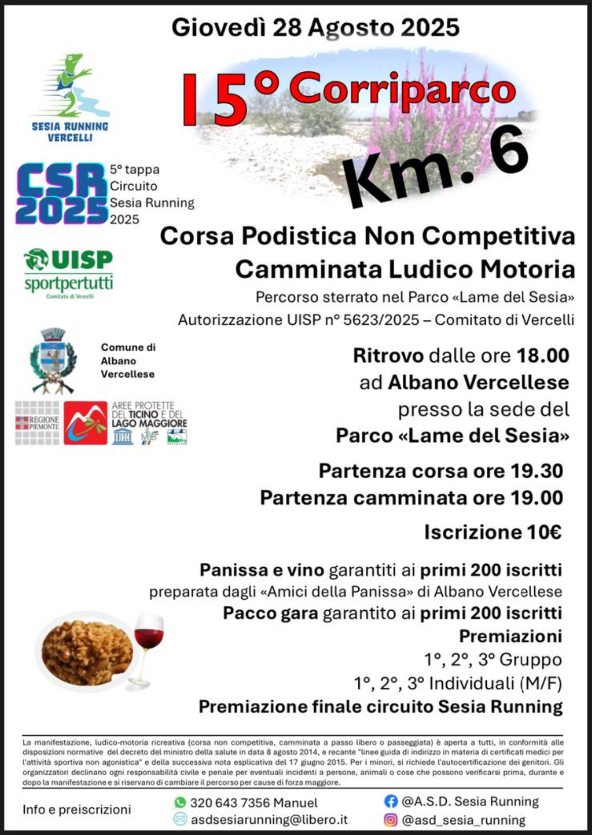 Volantino 15a edizione della 'Corriparco' ad Albano Vercellese in programma giovedì 28 agosto 2025