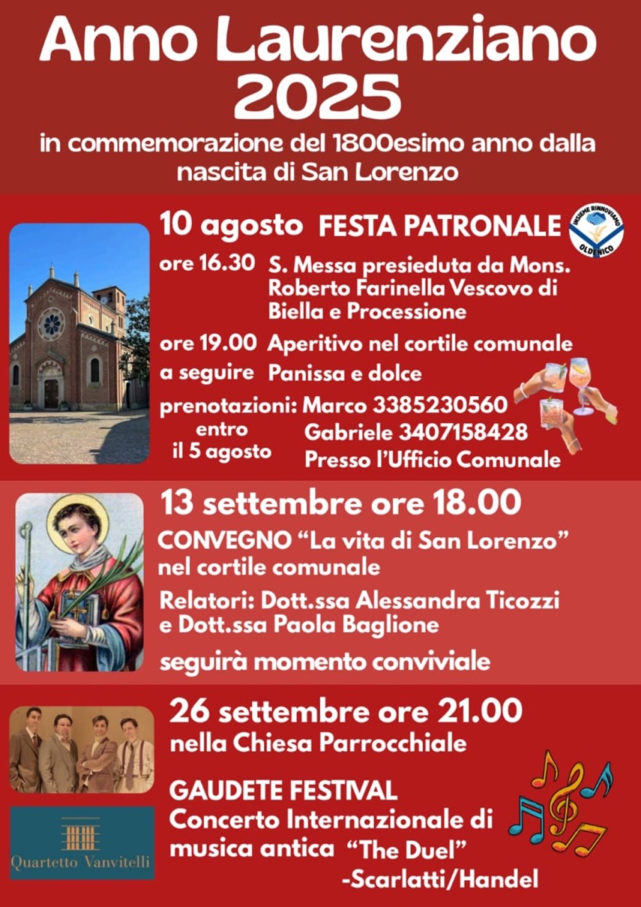 Un convegno e un concerto internazionale: due grandi appuntamenti a Oldenico per celebrare San Lorenzo