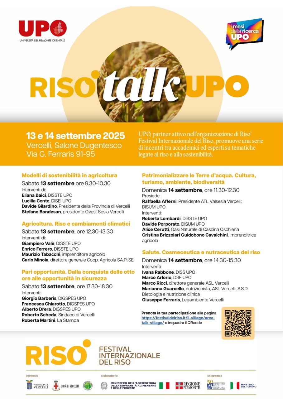 Risò: anche UPO grande protagonista (coi suoi talk) del Festival Internazionale del Riso