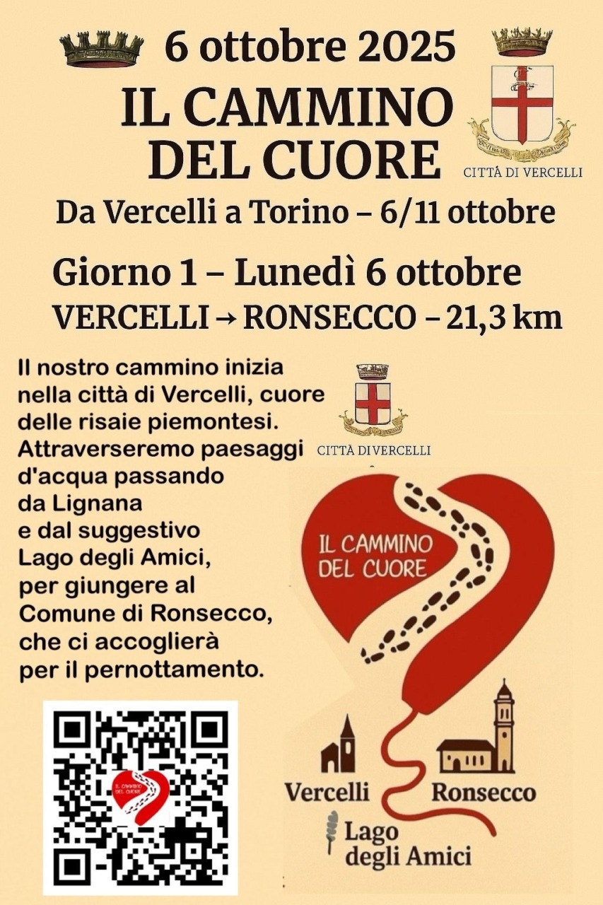 Da Vercelli a Torino a piedi come verso Santiago: lunedì 6 ottobre la prima tappa del Cammino del Cuore fino a Ronsecco