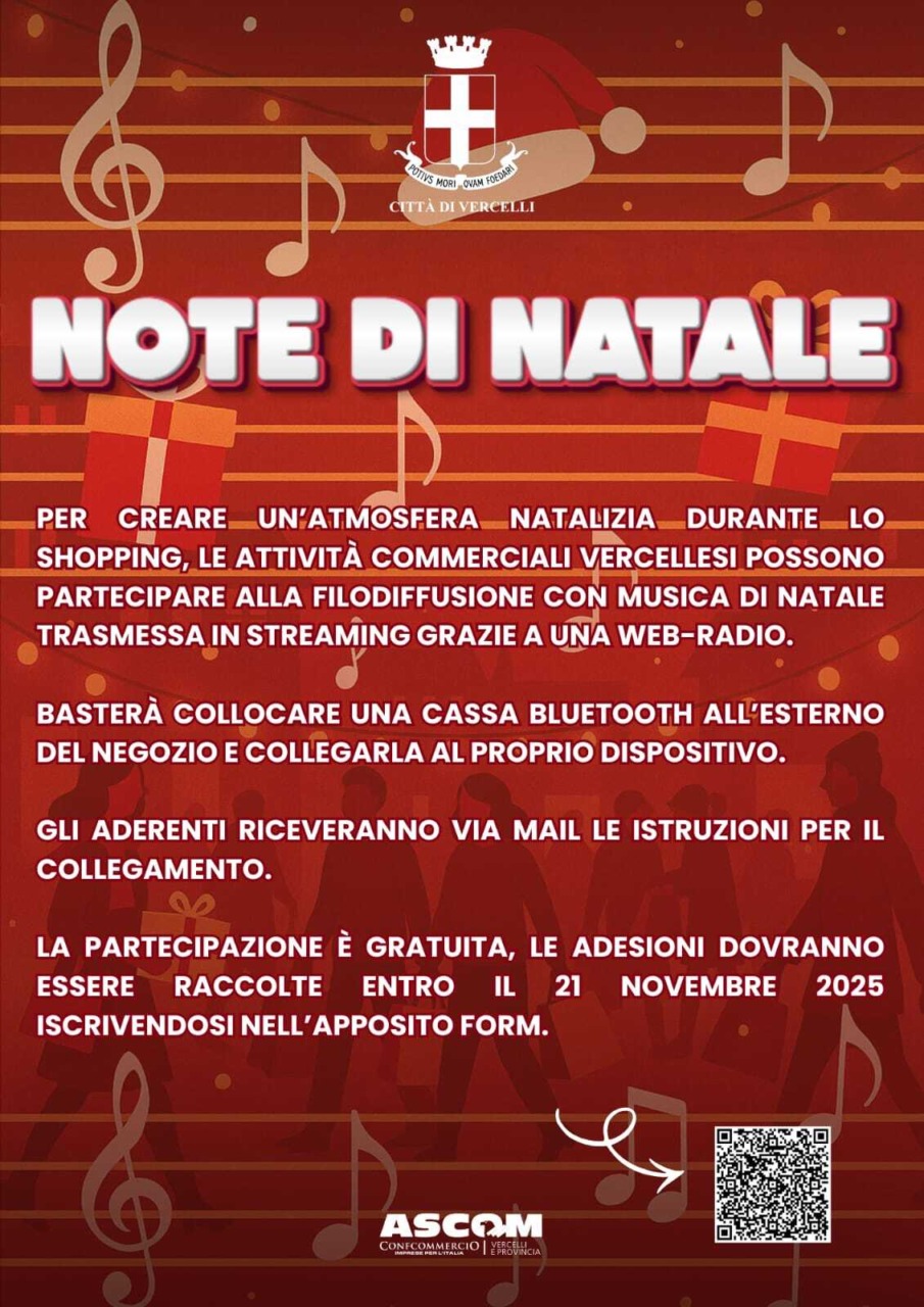 Note di Natale a Vercelli: filodiffusione musicale tra i negozi del centro e accensione dell’albero sabato 29 novembre